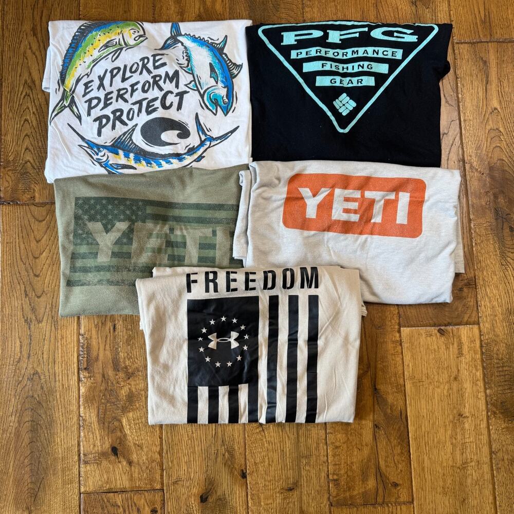 Lot of 5 Mens Large Graphic T Shirts Costa, Yeti, Under Armour Freedom, PFGs